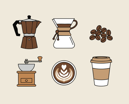 Set of Coffee Brewing Equipment Icons Including Moka Pot Chemex Grinder Beans Latte Art and Paper Cup Vector Flat Illustration for Cafe Menu