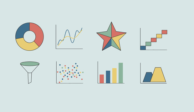 Professional data visualization business icons set featuring pie chart line graph star diagram funnel scatter plot bar chart and area chart designs