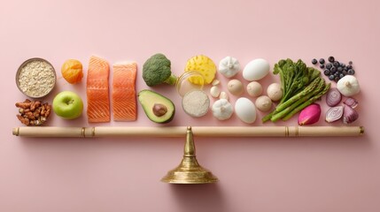 Fresh ingredients arranged on a balance scale for healthy meal preparation