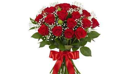 Fototapeta premium A bouquet of red roses with green leaves and a red ribbon