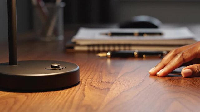desk lamp being adjusted. Close-up of a hand adjusting a desk lamp switch as the light turns on, softly illuminating the workspace.