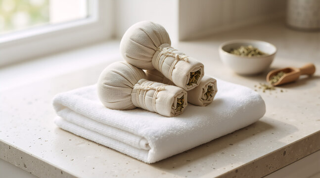 Herbal compress balls for spa massage and wellness treatment. Natural aromatherapy poultice with herbs on a white towel. Holistic therapy and body care concept