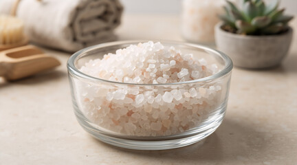 A glass bowl of coarse pink Himalayan salt for spa and wellness treatments. Natural cosmetic ingredient for body scrub and relaxation bath