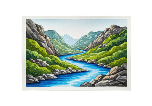 detailed macro flat lay photo of a serene watercolor mountain landscape with cerulean river and visible cold-press paper texture on a transparent background. concept of meticulous artistic tranquility