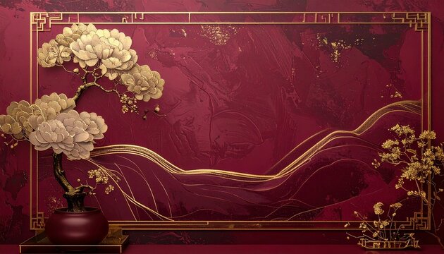 lunar decoration, blank template with maroon background and gold colored elements