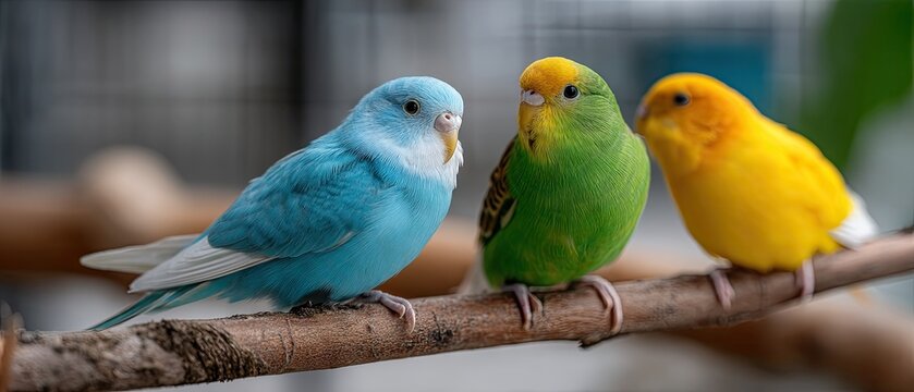 Three parakeets sit on a branch, featuring a blue budgie, a yellow bird, and a green background in a detailed natural setting