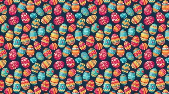 A lively and densely packed seamless loop of brightly colored, patterned Easter eggs. Excellent for spring holidays, children's content, or festive event backdrops.