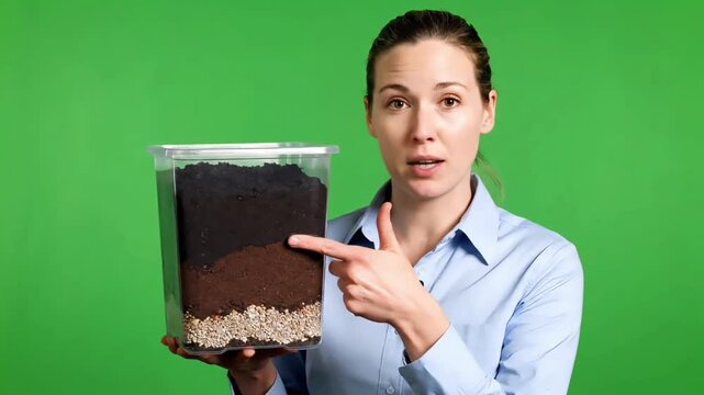 A middle-aged businesswoman pointing at a soil sample in a clear plastic container against a green background.