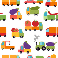 Seamless pattern with trucks transporting vegetables. Colorful print on white background.