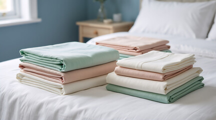 Stacks of neatly folded bed linens in pastel colors on a white bed. Fresh sheets for a comfortable bedroom setting