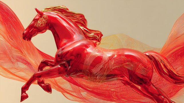 Red Horse Sculpture with Golden Accents