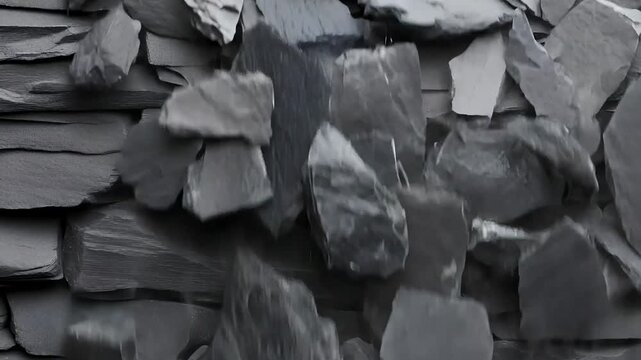 Slate rockfall simulation showing dark gray stone pieces breaking from a wall and falling for industrial mining footage