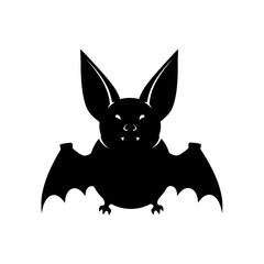 Obraz premium A striking black bat silhouette graphic with fangs and large ears against a white background