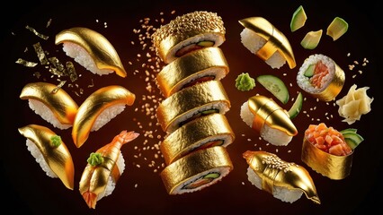 Assorted sushi and rolls covered in gold leaf on dark background