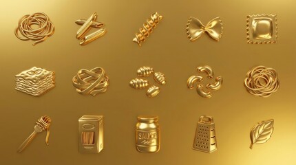 Assorted golden pasta shapes and kitchen utensils on gold background