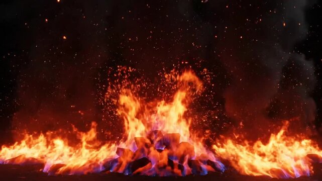 Dramatic fiery inferno burning strongly with smoke billowing in darkness, a visual representation