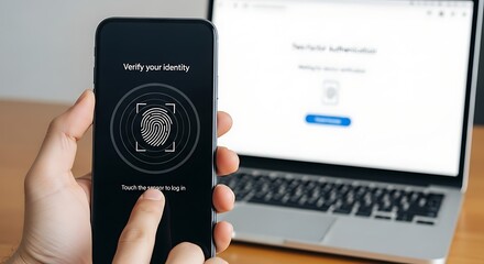 Person using fingerprint scanner on smartphone for secure login with laptop in background.