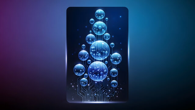 Abstract technology concept illustration with glowing blue spheres and circuit lines on dark background