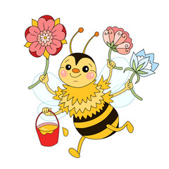Happy bee holding flowers and bucket of honey