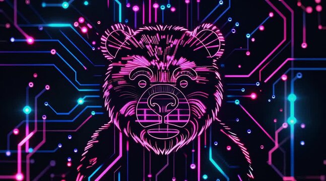 Neon Bear Guardian Head in Digital Circuit Board Style Illustration 2