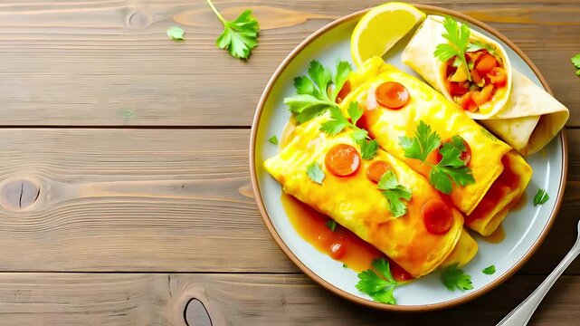 Two cheesy stuffed enchiladas or crepes covered in tomato sauce and parsley, served with a vegetable wrap on a blue plate over wood