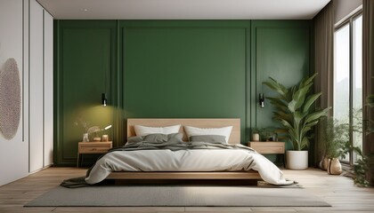 home bedroom interior mockup with empty green wall mockup 3d rendering