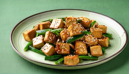 sage green background tofu stir fry with sesame
