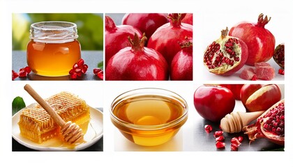 six images of honey and pomegranates with apples in the background