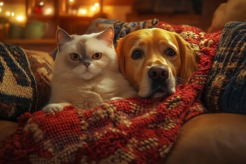 A lovable cat and a friendly dog nestled together on a cozy sofa, surrounded by warm decor in a living room, showcasing companionship and comfort.