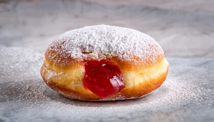 a powdered donut with a red jelly center and a white powdered sugar topping