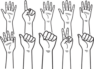 Fototapeta premium Hand gestures icon set showing various count and sign language movements in bold black line art style clip