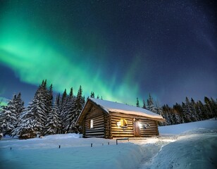 aurora borealis over a snowy log cabin