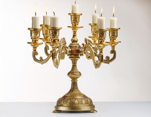 a golden ornate candelabra with seven lit candles on a white background