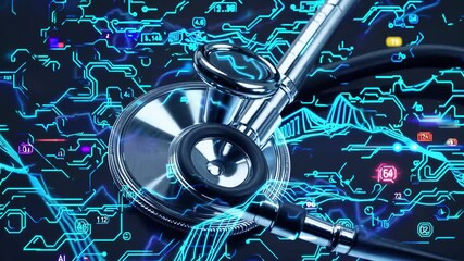A stethoscope blends circuit patterns symbolizing stethoscope-to-technology fusion. This medical device reflects AI AI-powered data digital networks healthcare innovation through connected technology. - Powered by Adobe