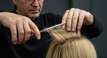 Fototapeta premium A hairstylist cutting a woman's blonde hair with scissors