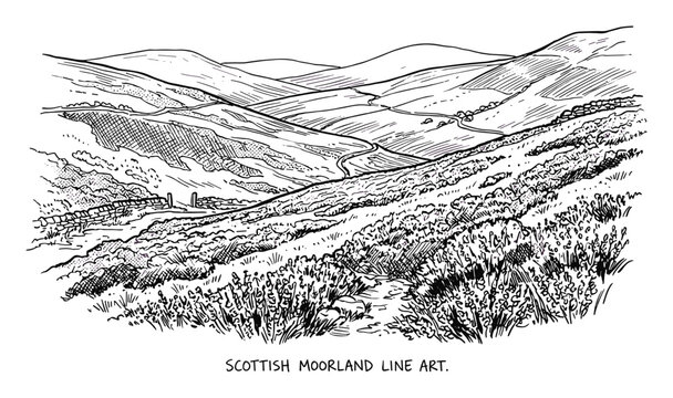 Detailed black and white line art of a Scottish moorland. Features hills, paths, and rural landscape scene.