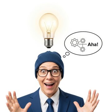 Excited person with a lightbulb and gears in thought bubble