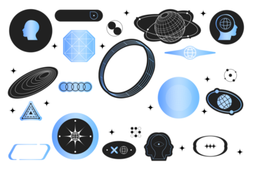 Abstract Technology Elements Illustration with Blue and Black Geometric Shapes