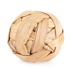 A woven straw ball toy for rodents, rabbits, and hamsters, isolated on a white background