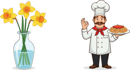 Chef Character Serving Pasta and Yellow Daffodil Flowers in Glass Vase Illustration Flat Vector