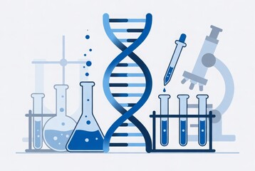 DNA strand illustration with laboratory equipment and scientific tools
