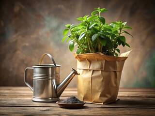 A thriving green plant in a brown paper pot next to a metal watering can and a small dish of dark soil on a wooden table