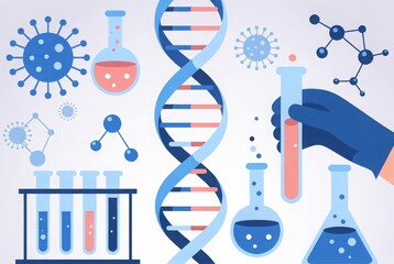 Scientific illustration of DNA, test tubes, and molecular structures