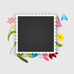 Photo frame mockup designed as a postage stamp. The white square frame features a soft inner shadow and is decorated with charming hand-drawn wildflowers. Perfect for scrapbooking, seasonal greeting c