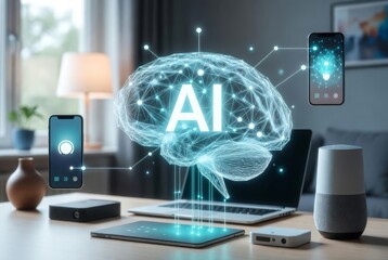 Digital illustration of AI brain concept with devices on modern workspace
