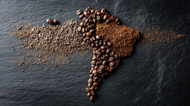 South america map formed by coffee beans and ground coffee on dark slate background.