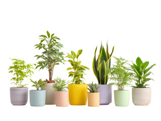 Fototapeta premium Beautiful collection of indoor plants in colorful pots, showcasing various species and vibrant colors, perfect for home decor