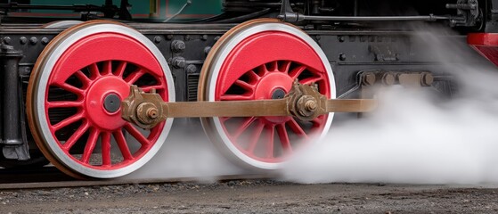 Old train wheels with red paint and steam at a railway station platform in a stock photo contest winning entry