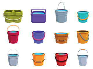 Buckets set. Isolated bucket for water, plastic metal wooden containers. Trash bin, household and cleaning cartoon equipment, sapid vector clipart © MicroOne