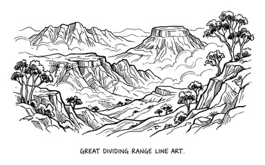 Obraz premium Detailed line art illustration of the Great Dividing Range with mountains, cliffs, and trees.